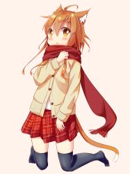 Rule 34 | 1girl, :o, ahoge, animal ears, beige background, black thighhighs, blush, brown eyes, brown hair, cardigan, cat day, cat ears, cat girl, cat tail, commentary request, fringe trim, full body, hair between eyes, hand up, highres, kneeling, long sleeves, looking at viewer, minazuki mizu, no shoes, original, parted lips, plaid, plaid skirt, pleated skirt, red scarf, red skirt, scarf, shirt, simple background, skirt, solo, souffle (minazuki mizu), tail, thighhighs, white shirt