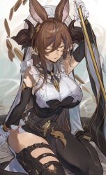 Rule 34 | 1girl, animal ears, asymmetrical hair, asymmetrical legwear, breasts, brown hair, closed eyes, detached sleeves, extra ears, frilled sleeves, frills, galleon (granblue fantasy), gloves, granblue fantasy, hashibiro kou (garapiko p), horns, large breasts, long hair, multicolored hair, pointy ears, sitting, skindentation, solo, staff, streaked hair, thick thighs, thigh strap, thighs, wariza, white gloves