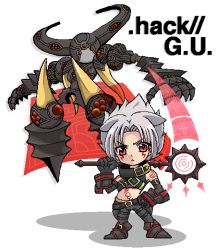 Rule 34 | .hack//, .hack//g.u., 00s, 1boy, bad id, bad pixiv id, bandai, chibi, cyber connect 2, frown, haseo, haseo (.hack//), kannagi kaname, male focus, midriff, red eyes, scythe, silver hair, skeith, skeith (.hack//), solo, strap, tattoo, white background