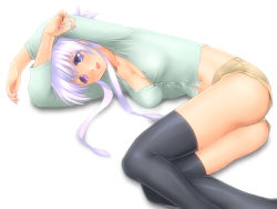 Rule 34 | 1girl, :d, arms up, black thighhighs, blue eyes, breasts, cleavage, heterochromia, highres, lavolpe (yagisaka seto), long hair, looking at viewer, lying, midriff, navel, on side, open mouth, original, purple eyes, short shorts, shorts, silver hair, simple background, smile, solo, thighhighs, yagisaka seto