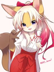 Rule 34 | 1girl, animal ears, bow, dosta, female focus, finger to cheek, fox ears, fox girl, fox tail, furry, furry female, gradient hair, hair bow, hair tubes, high-waist skirt, highres, japanese clothes, miko, multicolored hair, open mouth, original, ponytail, purple eyes, red bow, red skirt, simple background, skirt, solo, tail, white background, white hair, wide sleeves