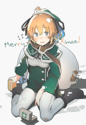 Rule 34 | 1girl, ahoge, black footwear, black shorts, blue eyes, blush, boots, brown hair, capelet, christmas, coat, commentary request, english text, fallen down, flying sweatdrops, fur-trimmed capelet, fur trim, fuu fuu, gift, green capelet, green coat, green hat, green santa costume, grey pants, hat, highres, indie virtual youtuber, long sleeves, looking at viewer, merry christmas, on ground, pants, pantyhose, pantyhose under shorts, sack, santa costume, santa hat, short ponytail, shorts, sitting, snow, solo, sweatdrop, torn clothes, torn pantyhose, totoki saki, virtual youtuber