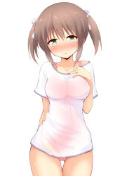 Rule 34 | 1girl, asagiri mai, blush, breasts, brown hair, collarbone, cowboy shot, gluteal fold, green eyes, hair between eyes, hair ribbon, hand up, highres, looking at viewer, medium breasts, nose blush, one-piece swimsuit, parted lips, pink one-piece swimsuit, ribbon, see-through, shirt, short sleeves, sidelocks, simple background, solo, swimsuit, swimsuit under clothes, thigh gap, twintails, wet, wet clothes, wet shirt, white background, white ribbon, white shirt, yoake mae yori ruri iro na, yuu (yumezakura)