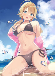 Rule 34 | 1girl, :d, ahoge, bare shoulders, beach, bikini, black bikini, blonde hair, blue eyes, breasts, commentary, day, hachimiya meguru, hair ornament, hairclip, halterneck, hatsu (first snow), idolmaster, idolmaster shiny colors, jacket, long hair, long sleeves, looking at viewer, low twintails, medium breasts, navel, off shoulder, open clothes, open jacket, open mouth, outdoors, pink jacket, side-tie bikini bottom, sitting, smile, solo, stomach, string bikini, swimsuit, thighs, twintails, wariza, wet