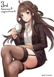 Rule 34 | 10s, 1girl, ahoge, anniversary, artist name, blunt bangs, blush, breasts, brown hair, brown jacket, brown skirt, brown thighhighs, buckle, buttons, cleavage, collarbone, collared shirt, crossed legs, cup, dress shirt, english text, fingernails, formal, garter straps, hair intakes, holding, holding cup, jacket, kantai collection, kongou (kancolle), long fingernails, long hair, looking at viewer, office lady, open clothes, open jacket, pencil skirt, purple eyes, sakiyamama, saucer, shirt, simple background, sitting, skirt, small breasts, solo, suit, teacup, text focus, thighhighs, thighs, very long hair, white background, white shirt, zettai ryouiki