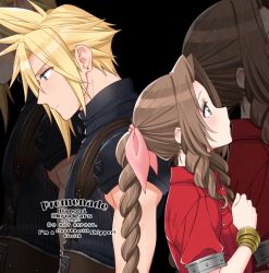 Rule 34 | aerith gainsborough, asymmetrical hair, back-to-back, belt, black background, blonde hair, blue eyes, bracelet, braid, brown hair, cloud strife, couple, earrings, final fantasy, final fantasy vii, green eyes, hair between eyes, hair ribbon, hand to own chest, jacket, jewelry, krudears, long hair, looking to the side, parted bangs, pink ribbon, puffy short sleeves, puffy sleeves, red jacket, ribbon, short sleeves, sidelocks, single earring, sleeveless, sleeveless turtleneck, spiked hair, square enix, suspenders, turtleneck, upper body, wavy hair