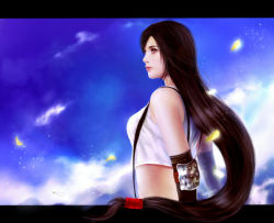 Rule 34 | 1990s (style), 1girl, brown hair, elbow gloves, feathers, final fantasy, final fantasy vii, from side, gloves, lips, lisa buijteweg, long hair, low-tied long hair, realistic, red eyes, retro artstyle, skirt, solo, suspender skirt, suspenders, tank top, tifa lockhart