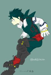 Rule 34 | 1boy, animal hood, bodysuit, boku no hero academia, boots, brown footwear, buthikireta, commentary request, elbow gloves, freckles, full body, gloves, green background, green bodysuit, green hair, highres, hood, hood down, hooded bodysuit, male focus, midoriya izuku, pouch, rabbit hood, red footwear, short hair, simple background, smile, solo, thigh boots, thighhighs, translation request, twitter username, white gloves