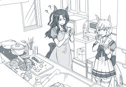 Rule 34 | 2girls, ?, ??, animal ears, apron, bow, carrot, cellphone, chopsticks, cutting board, ear covers, eating, greyscale, holding, holding phone, horse ears, horse girl, horse tail, indoors, king halo (umamusume), kitchen, knife, lettuce, long hair, microwave, monochrome, multiple girls, omaep, one side up, phone, pot, puffy short sleeves, puffy sleeves, school uniform, seiun sky (umamusume), short hair, short sleeves, sink, skirt, smartphone, spatula, stove, sweatdrop, tail, tail raised, thighhighs, tracen school uniform, umamusume, window, wok