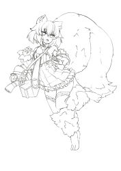Rule 34 | 1girl, animal ears, animal hands, bag, barbariank, bare shoulders, compass, detached sleeves, dress, dungeon and fighter, full body, fur trim, highres, large tail, long sleeves, looking at viewer, monster girl encyclopedia, parted lips, ratatoskr (monster girl encyclopedia), scroll, short hair, shoulder bag, simple background, solo, squirrel ears, squirrel tail, standing, standing on one leg, tail, thighhighs, white background