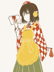 Rule 34 | 1girl, apron, character name, checkered clothes, checkered kimono, cleaning, clothes writing, cosplay, dated, duster, expressionless, hat, japanese clothes, kawashina (momen silicon), kimono, looking down, motoori kosuzu, motoori kosuzu (cosplay), pointy ears, reading, shameimaru aya, short hair, simple background, solo, tokin hat, touhou