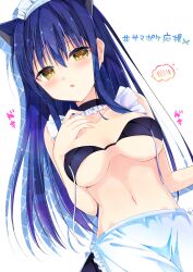 Rule 34 | 1girl, alternate costume, animal ears, apron, bare arms, bikini, bikini top pull, black bikini, black choker, blue hair, blush, breasts, breasts apart, cat ears, choker, collarbone, commentary request, enmaided, eyelashes, eyes visible through hair, fake animal ears, flying sweatdrops, frilled choker, frills, from above, furrowed brow, hair between eyes, hand up, hayami rokushichi, highres, kushima kamome, long hair, looking at viewer, lying, maid, maid apron, maid headdress, medium breasts, navel, on back, open mouth, shy, sidelocks, simple background, solo, sound effects, spoken blush, stomach, straight hair, summer pockets, swimsuit, translated, very long hair, white apron, white background, yellow eyes