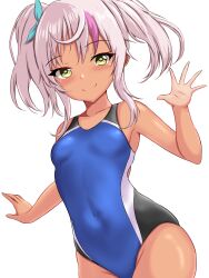 Rule 34 | 1girl, blue one-piece swimsuit, comandante cappellini (kancolle), competition swimsuit, covered navel, cowboy shot, dark-skinned female, dark skin, green eyes, hair between eyes, highleg, highleg swimsuit, highres, kantai collection, long hair, looking at viewer, montemasa, multicolored hair, one-piece swimsuit, pink hair, simple background, smile, solo, streaked hair, swimsuit, twintails, two-tone swimsuit, white background