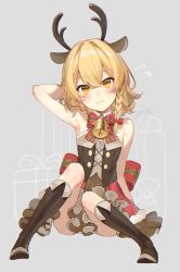 Rule 34 | 1girl, alternate costume, animal ears, antlers, arm up, artist name, back bow, bare shoulders, bell, blonde hair, blush, boots, bow, bowtie, braid, breasts, brown bow, brown bowtie, brown dress, brown footwear, buttons, christmas, closed mouth, collar, deer ears, dress, fake animal ears, flying sweatdrops, green bow, grey background, hair between eyes, hair bow, hand up, highres, horns, jill 07km, kirisame marisa, looking at viewer, medium breasts, multicolored bow, red bow, red dress, short hair, signature, simple background, single braid, sitting, sleeveless, sleeveless dress, solo, sparkle, touhou, yellow eyes