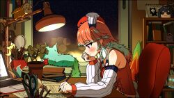 Rule 34 | 1girl, book, bookshelf, breasts, chair, chef hat, closed mouth, computer, ddolbang, desk, detached sleeves, earrings, feather earrings, feathers, from side, hat, head rest, highres, holding, holding pen, hololive, hololive english, jewelry, jitome, lamp, laptop, lofi girl, lofi girl (youtube), magnifying glass, medium breasts, medium hair, multicolored hair, night, open book, orange hair, ouro kronii, pen, plant, potted plant, sitting, sky, star (sky), starry sky, takanashi kiara, takodachi (ninomae ina&#039;nis), two-tone hair, virtual youtuber, window, windowsill, writing
