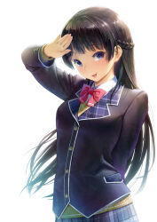Rule 34 | 1girl, :d, arm behind back, black hair, black jacket, blazer, blue eyes, blue skirt, bow, bowtie, commentary request, floating hair, highres, jacket, kath, long hair, looking at viewer, nijisanji, open mouth, pleated skirt, red bow, red bowtie, revision, salute, simple background, skirt, smile, solo, speech bubble, standing, sweater, tsukino mito, tsukino mito (1st costume), very long hair, virtual youtuber, white background, yellow sweater, yorudou