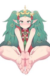 Rule 34 | 1girl, arms between legs, bare legs, barefoot, blush, braid, christmas, christmas ornaments, closed mouth, feet, fire emblem, fire emblem: three houses, foot focus, foot pussy, foreshortening, green eyes, green hair, hair ornament, highres, knees apart feet together, long hair, looking at viewer, maidforge, nintendo, pointy ears, side braid, sidelocks, simple background, sitting, sleeveless, solo, sothis (fire emblem), sothis (winter) (fire emblem), star (symbol), toes, twin braids, very long hair, white background, wreath
