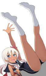 Rule 34 | 1girl, ass, blush, bracelet, commentary request, crop top, flower, hair flower, hair ornament, highres, jewelry, kantai collection, legs up, lifebuoy, long hair, looking at viewer, lying, nel-c, no shoes, nontraditional school swimsuit, one-piece swimsuit, one-piece tan, open mouth, ro-500 (kancolle), sailor collar, school swimsuit, school uniform, serafuku, simple background, smile, soles, solo, swim ring, swimsuit, swimsuit under clothes, tan, tanline, white background, white legwear