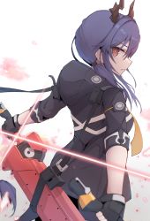 Rule 34 | 1girl, arknights, ch&#039;en (arknights), closed mouth, commentary, fighting stance, fingerless gloves, from behind, gloves, hair between eyes, highres, hood, hood down, horns, looking at viewer, low twintails, matchadzuke, necktie, pointy nose, purple hair, ready to draw, red eyes, serious, short sleeves, sidelocks, simple background, solo, sparkle, strap slip, twintails, weapon, weapon on back, white background, yellow necktie
