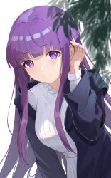 Rule 34 | 1girl, absurdres, black robe, blunt bangs, dress, fern (sousou no frieren), highres, huahu (unstoppable), long hair, long sleeves, looking at viewer, open clothes, open robe, purple eyes, purple hair, robe, smile, solo, sousou no frieren, straight hair, white dress