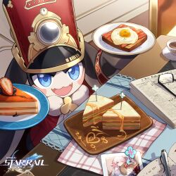 Rule 34 | 1girl, bacon, blue eyes, book, bread slice, coffee mug, cup, drawing (object), egg, food, fruit, glasses, hat, heart, holding, holding plate, honkai: star rail, honkai (series), logo, looking at viewer, march 7th (honkai: star rail), mug, official art, official wallpaper, one eye closed, pen, pie, pink hair, plate, pom-pom (honkai: star rail), solo focus, strawberry, toast