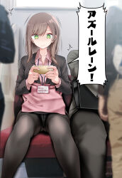 Rule 34 | 1girl, @ @, ^^^, ass, bag, black pantyhose, breasts, brown hair, cellphone, closed mouth, collared shirt, commentary, feet out of frame, green eyes, highres, holding, holding phone, jacket, long hair, medium breasts, office lady, ol-chan (oouso), oouso, original, panties, panties under pantyhose, pantyhose, pantyshot, phone, pink shirt, revision, school uniform, shirt, sitting, smartphone, smile, solo focus, suit jacket, swept bangs, train interior, translated, underwear, upskirt, white panties