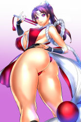 Rule 34 | 1girl, absurdres, ass, bare legs, breasts, brown hair, curvy, fatal fury, fingernails, folded fan, folding fan, foreshortening, hand fan, high ponytail, highleg, highleg leotard, highres, huge ass, huge breasts, japanese clothes, judge (oekaki), kunoichi, leotard, leotard under clothes, long hair, looking at viewer, looking back, low angle, no bra, parted bangs, partially visible vulva, ponytail, revealing clothes, rope, shiny skin, shiranui mai, smile, solo, the king of fighters, thick thighs, thighs, thong, thong leotard, wide hips