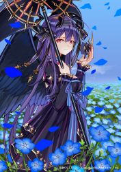 Rule 34 | 1girl, black wings, blue flower, breasts, cleavage, closed mouth, crying, dress, eye mask, feathered wings, field, fingernails, flower, flower field, from side, highres, holding, holding mask, holding scythe, horns, juliet sleeves, large breasts, long hair, long sleeves, looking at viewer, looking to the side, luicent, mask, nail polish, nemophila (flower), pink nails, puffy sleeves, purple dress, purple hair, scythe, smile, solo, standing, tears, unworn mask, very long hair, watermark, wings, z/x