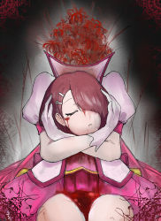 Rule 34 | absurdres, asymmetrical bangs, blood, blood on face, bob cut, border, closed eyes, commentary, cure grace, death, dress, flower, gloves, grey background, guro, hair flower, hair ornament, hair over one eye, hairclip, hanadera nodoka, head hug, headless, healin&#039; good precure, highres, holding head, jacket, lace, lace border, magical girl, mxyomoto, ornate border, parted lips, pink dress, pink jacket, pool of blood, precure, puffy short sleeves, puffy sleeves, severed head, short hair, short sleeves, sitting, spider lily, white gloves