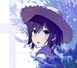 Rule 34 | 1girl, :o, blurry, blurry foreground, blush, brown hat, bush, capelet, depth of field, from side, grey eyes, hat, highres, looking at viewer, looking to the side, nagisa (cxcx5235), open mouth, original, purple hair, short hair, solo, straw hat, tareme, two-tone background, upper body