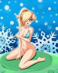 Rule 34 | 1girl, absurdres, alternate hairstyle, aqua eyes, barefoot, between legs, bikini, blonde hair, blue eyes, blush, bottomless, breasts, cleavage, cleft of venus, feet, frilled bikini, frills, front-tie bikini top, front-tie top, hair over one eye, hand between legs, highres, large breasts, long hair, looking at viewer, mario (series), navel, nintendo, open mouth, ponytail, pussy, rosalina, sigurd hosenfeld, sitting, smile, soles, solo, star (symbol), super mario bros. 1, super mario galaxy, swimsuit, third-party edit, toes, uncensored, v arms, wariza