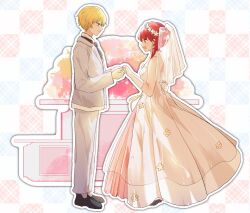 Rule 34 | 1boy, 1girl, akirarec, arima kana, bare shoulders, black footwear, black necktie, blonde hair, blue eyes, bridal veil, bride, checkered background, closed mouth, commentary request, dress, earrings, flower, from side, full body, gloves, hair flower, hair ornament, highres, hoshino aquamarine, husband and wife, jacket, jewelry, long sleeves, looking at another, medium hair, necktie, off-shoulder dress, off shoulder, open mouth, oshi no ko, profile, red eyes, red hair, ring, short hair, smile, standing, veil, wedding dress, wedding ring, white dress, white gloves, white jacket
