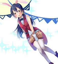 Rule 34 | 1girl, animal ears, blue hair, blush, commentary request, earrings, embarrassed, gloves, hair between eyes, jewelry, korekara no someday, long hair, looking at viewer, love live!, love live! school idol project, mofun, open mouth, puffy shorts, rabbit ears, shorts, sleeveless, solo, sonoda umi, standing, thighhighs, white gloves, white thighhighs, yellow eyes