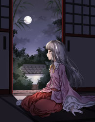 Rule 34 | 1girl, absurdres, blue sky, bow, bowtie, brown eyes, bush, cloud, cloudy sky, collared shirt, door, eientei, eyelashes, floor, frills, full moon, grey hair, grey socks, highres, houraisan kaguya, house, indoors, leaf, long hair, long sleeves, looking to the side, moon, moonlight, night, night sky, no shoes, open door, open mouth, pink shirt, red skirt, shadow, shimoda masaya, shirt, sitting, skirt, sky, socks, solo, star (sky), starry sky, touhou, tree, wall, white bow, wide sleeves, yellow bow, yellow bowtie