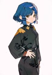 Rule 34 | 1girl, black pants, black shirt, blue hair, bocchi the rock!, closed mouth, cowboy shot, expressionless, from side, grey background, hand on own hip, high-waist pants, highres, long sleeves, looking at viewer, mole, mole under eye, orniflop, pants, shirt, short hair, simple background, solo, yamada ryo, yellow eyes