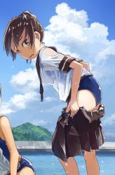 Rule 34 | 10s, 2girls, blush, brown eyes, brown hair, cloud, cloudy sky, commentary request, day, dripping, from side, i-401 (kancolle), kantai collection, kusakabe (kusakabeworks), looking at viewer, multiple girls, neck ribbon, outdoors, pleated skirt, ponytail, ribbon, school uniform, see-through, serafuku, shikinami (kancolle), shirt, skirt, sky, solo focus, standing, swimsuit, swimsuit under clothes, undressing, wet, wet clothes, wet shirt, wet skirt