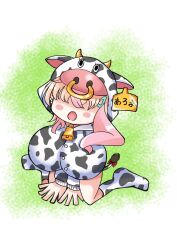 Rule 34 | 1girl, animal costume, animal print, blonde hair, breasts, chibi, codeorange162, cow costume, cow horns, cow print, cow tail, cowbell, ear tag, eyelashes, facing viewer, female focus, from above, grass, hidden eyes, highres, horns, hoshizaki mika, huge breasts, nose piercing, nose ring, open mouth, original, pale skin, piercing, pink hair, sitting, solo, tail, wariza