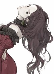 Rule 34 | 1girl, brown hair, closed mouth, dorothea arnault, dress, earrings, fire emblem, fire emblem: three houses, from side, green eyes, highres, jewelry, long hair, looking to the side, nintendo, pieces fe3h, simple background, solo, white background