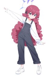 Rule 34 | absurdres, anma21, blue archive, bow, closed mouth, collarbone, expressionless, full body, grey eyes, hair bow, halo, highres, iroha (blue archive), jumpsuit, long hair, no headwear, red hair, shirt, simple background, white background, white footwear, white shirt