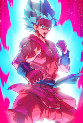 Rule 34 | 10s, 1boy, aura, blue eyes, blue hair, clenched hands, dougi, dragon ball, dragon ball super, dragonball z, fighting stance, highres, kaioken, looking at viewer, male focus, open mouth, pink background, pink theme, serious, shaded face, short hair, simple background, solo, son goku, spiked hair, super saiyan, super saiyan blue, supobi, upper body, wristband