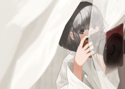 Rule 34 | 1girl, absurdres, camera, commentary request, curtains, grey eyes, grey hair, hair over eyes, hands up, highres, holding, holding camera, long sleeves, looking at viewer, original, ronnie choy, shirt, solo, transparent, upper body, white shirt, wide sleeves