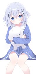 Rule 34 | 1girl, aged down, blue dress, blue eyes, blue hair, closed mouth, commentary request, deyui, dress, feet out of frame, gochuumon wa usagi desu ka?, hair between eyes, hair ornament, kafuu chino, knees together feet apart, long sleeves, looking at viewer, hugging object, puffy long sleeves, puffy sleeves, simple background, sitting, solo, stuffed animal, stuffed rabbit, stuffed toy, two side up, white background, x hair ornament