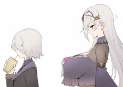 Rule 34 | 1boy, 1girl, black jacket, bow, breasts, dress, drinking, from side, grey hair, hair ornament, haoni, highres, huge breasts, jacket, long hair, looking at another, mole, mole under eye, necktie, orange necktie, original, purple dress, purple shirt, red eyes, see-through, shirt, skull hair ornament, upper body