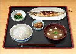 Rule 34 | beans, bowl, chopsticks, commentary, fish (food), food, food focus, green bean, no humans, original, plate, rice, rice bowl, soup, table, tofu, tray, wooden table, yasudagabou