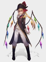Rule 34 | 1girl, alternate costume, black footwear, black hat, blonde hair, boots, eisuto, flandre scarlet, full body, gloves, grey background, hat, long hair, pants, red eyes, simple background, solo, standing, touhou, white gloves, white pants, wings
