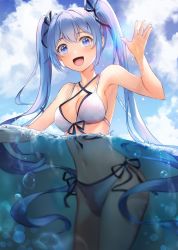 Rule 34 | 1girl, :d, arm up, armpits, bare arms, bare shoulders, bikini, blue eyes, blue hair, breasts, cleavage, cloud, cloudy sky, criss-cross halter, day, front-tie bikini top, front-tie top, hair ribbon, halterneck, hatsune miku, long hair, looking at viewer, lunacle, medium breasts, navel, open mouth, outdoors, partially submerged, partially underwater shot, ribbon, side-tie bikini bottom, sky, smile, solo, stomach, swimsuit, thighs, twintails, underwater, very long hair, vocaloid, water, white bikini
