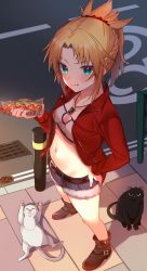 Rule 34 | 1girl, absurdres, belt, black belt, black cat, black footwear, blonde hair, blush, braid, breasts, cat, cleavage, collarbone, commentary request, denim, denim shorts, eating, fate/apocrypha, fate/grand order, fate (series), fur trim, green eyes, hair ornament, hair scrunchie, highres, hot dog, huge filesize, jacket, jewelry, jun (aousa0328), long hair, looking at viewer, mordred (fate), mordred (fate/apocrypha), mordred (memories at trifas) (fate), navel, necklace, outdoors, parted bangs, ponytail, red jacket, red scrunchie, road, scrunchie, shorts, small breasts, solo, standing, street