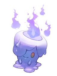 Rule 34 | aren garci, artist name, creatures (company), fire, full body, game freak, gen 5 pokemon, litwick, looking at viewer, melting, nintendo, no humans, one eye covered, pokemon, pokemon (creature), purple fire, signature, simple background, smile, solid eyes, solo, white background, will-o-wisp (pokemon), yellow eyes