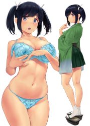 Rule 34 | 1girl, alternate costume, black hair, blue bra, blue eyes, blue hair, bra, breasts, cleavage, closed mouth, collarbone, cowboy shot, dark blue hair, feet, finger to mouth, from behind, full body, green hakama, green kimono, green skirt, hair between eyes, hair ribbon, hakama, hakama short skirt, hakama skirt, highres, japanese clothes, kantai collection, kimono, large breasts, legs, looking at viewer, medium hair, multiple views, navel, open mouth, pleated skirt, ribbon, sandals, short twintails, simple background, skirt, socks, souryuu (kancolle), stomach, surprised, tabi, thighs, twintails, underwear, underwear only, wa (genryusui), white background, white socks, wide sleeves, zouri