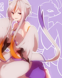 Rule 34 | 1girl, animal ears, bare shoulders, chinese clothes, creatures (company), detached sleeves, eyeshadow, game freak, gen 5 pokemon, highres, jitome, long hair, looking at viewer, makeup, mienshao, multicolored hair, nintendo, orange hair, personification, pink hair, pokedex number, pokemon, red eyes, sidelocks, sleeves past wrists, smile, solo, tail, takeshima eku, two-tone hair